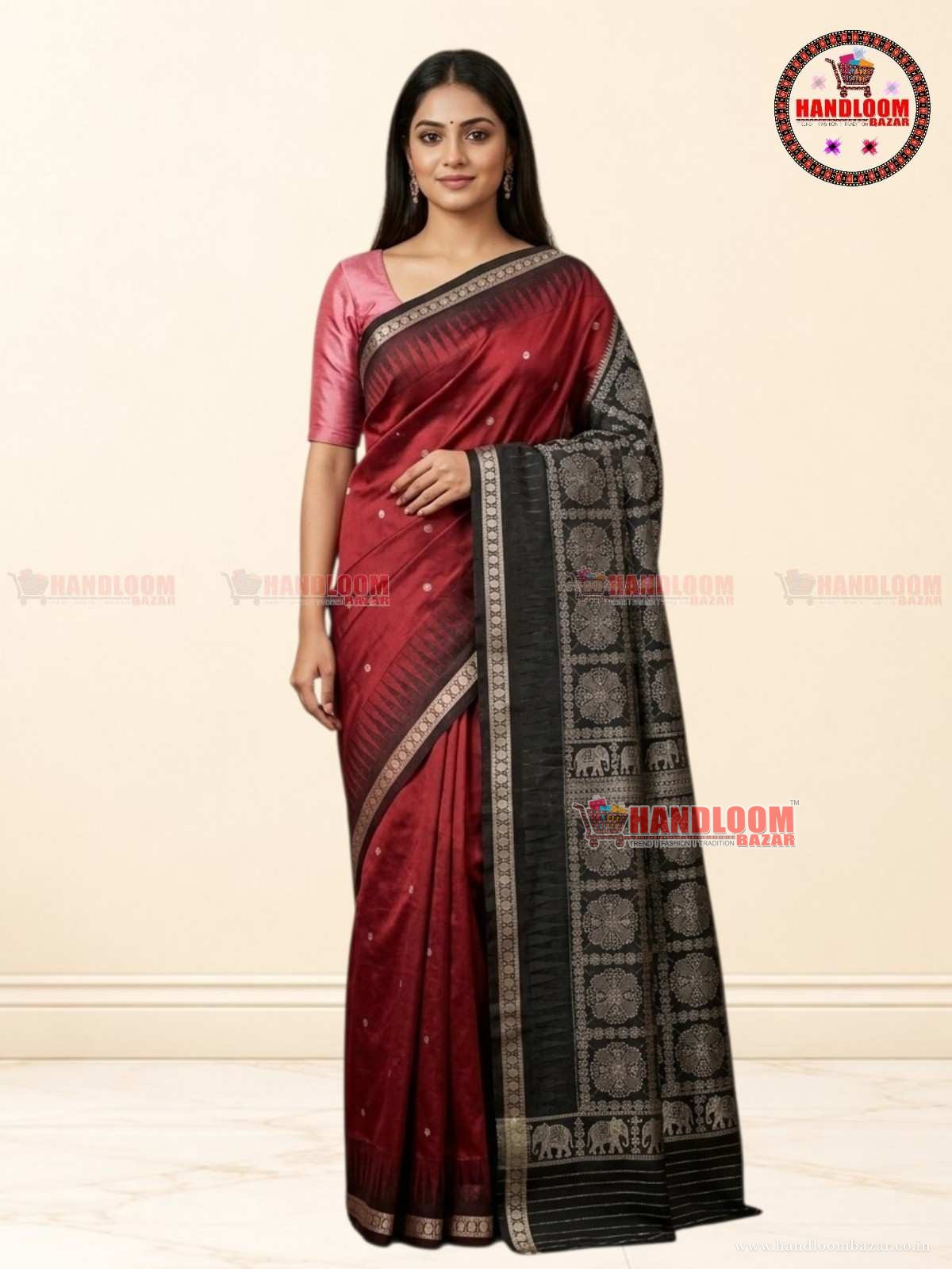 Sambalpuri Silk Pata Saree merun with black Border  H-10729