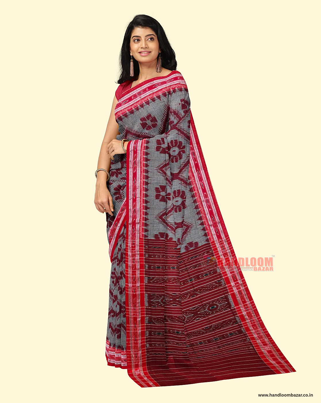 Gray Maroon Sambalpuri Handwoven Single Ikat Cotton Saree SFCSARAJ74